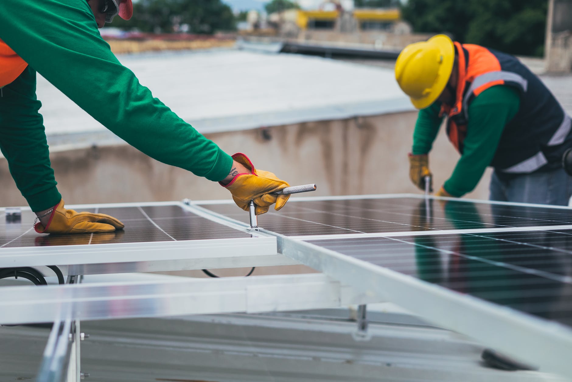 selective focus of installing on solar panels